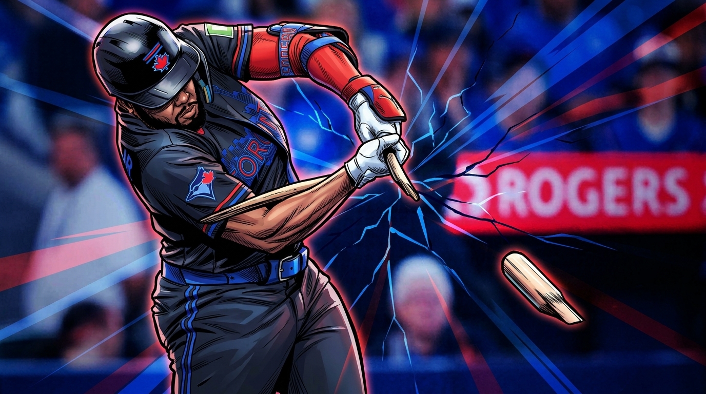 Vladimir Guerrero Jr. of the Toronto Blue Jays in comic-style illustration, mid-swing as his bat shatters, geometric light streaks effect over a Rogers Centre background