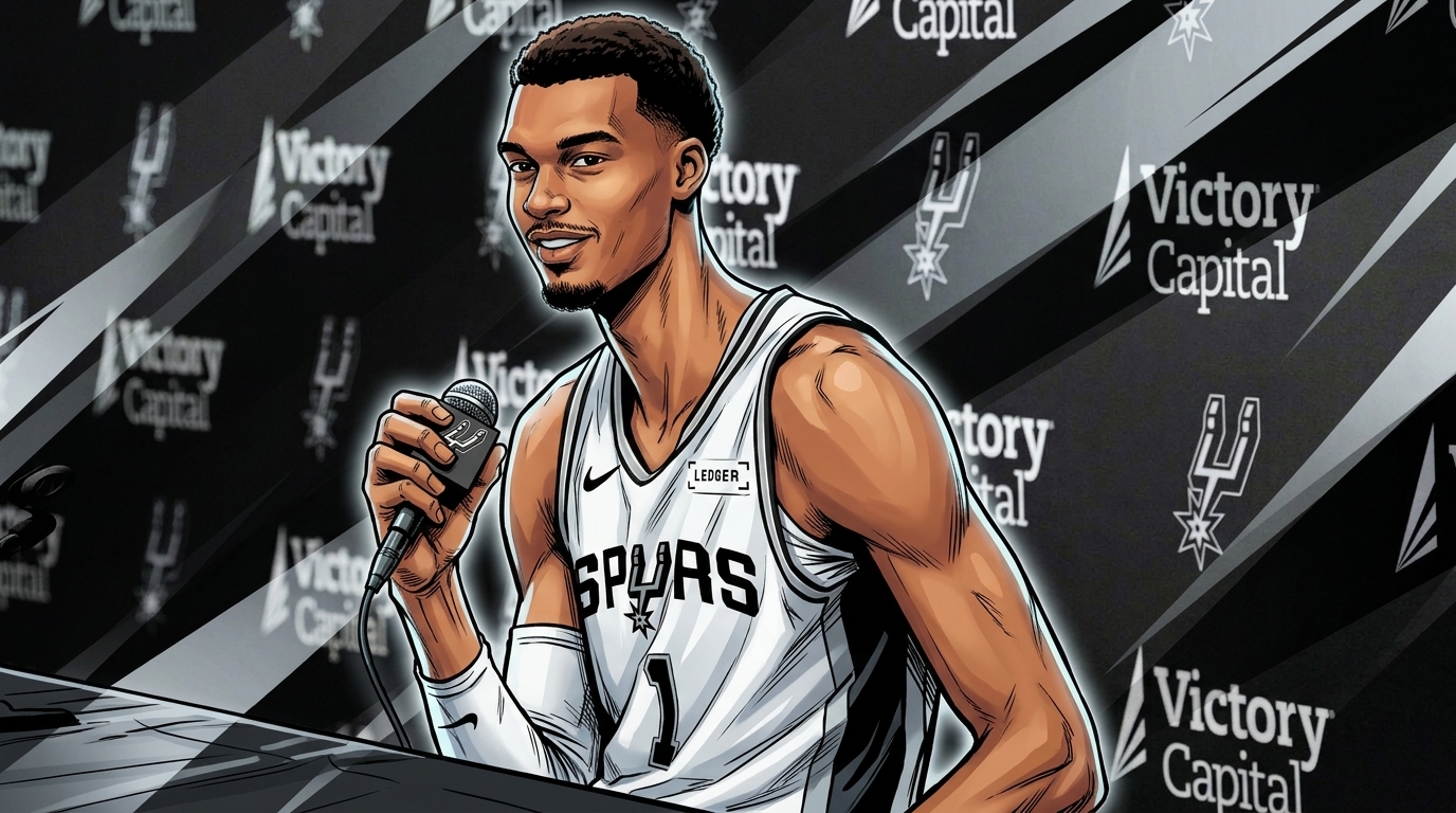 Comic-style illustration of Victor Wembanyama in his white San Antonio Spurs home jersey holding a microphone and smiling during a press conference, silver geometric light streaks cutting across a dark backdrop of repeating Victory Capital and Spurs logos.