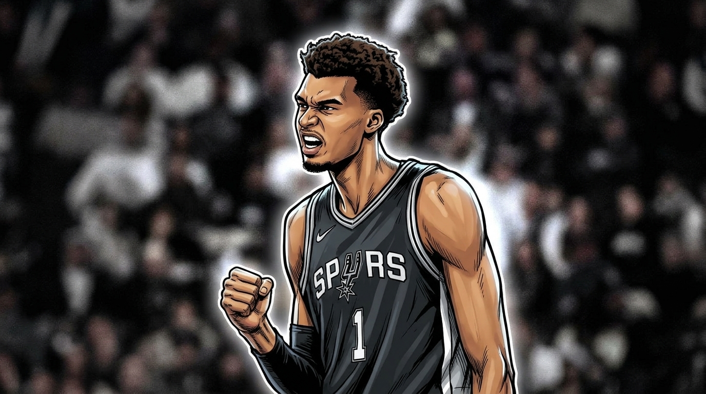 Comic-style illustration of Victor Wembanyama fist-pumping in a black San Antonio Spurs jersey, neon rim glow effect, blurred arena crowd background