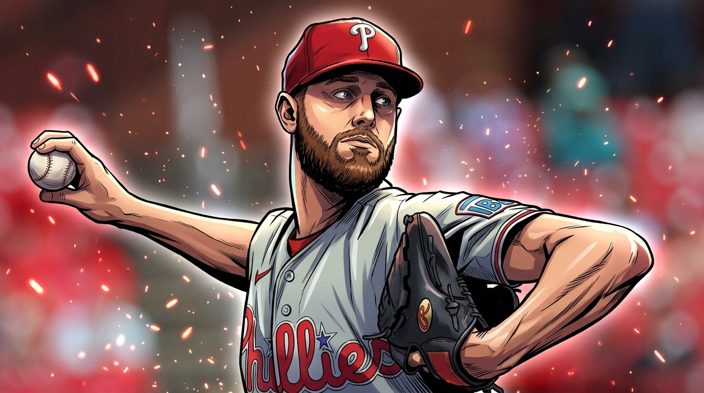 Comic-style illustration of Zack Wheeler mid-windup in a gray Phillies road jersey and red cap, ember and particle effects glowing against a blurred stadium crowd background.