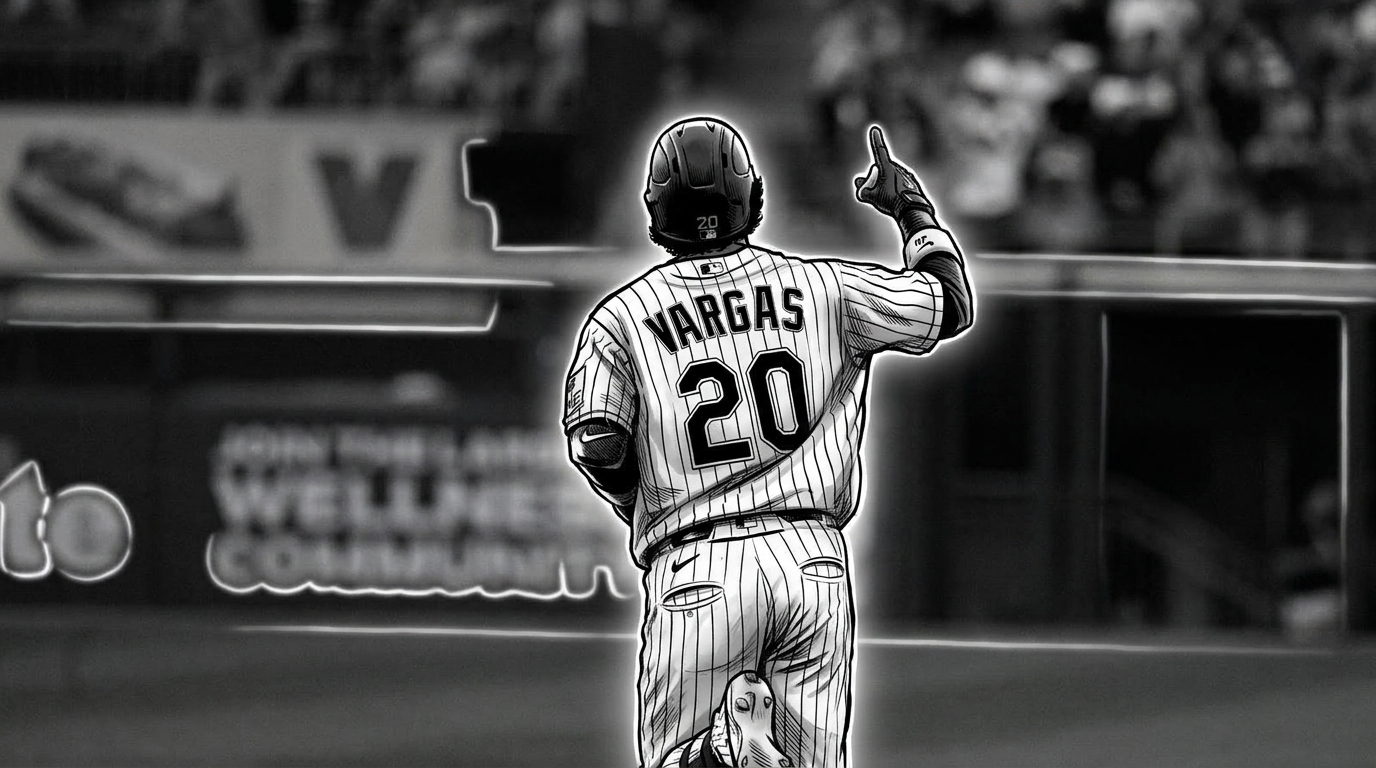 Comic-style illustration of Miguel Vargas pointing skyward in his White Sox pinstripe jersey with a black-and-white neon rim glow effect and a blurred Rate Field crowd background