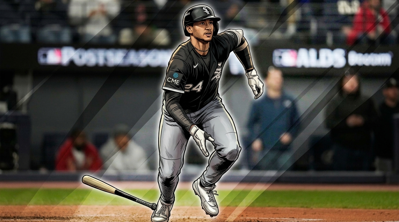 Comic-style illustration of Braden Montgomery in a Chicago White Sox black alternate jersey with white #24 and gray road pants, following through after a go-ahead double, geometric light streaks effect over a blurred Cleveland stadium ALDS crowd background