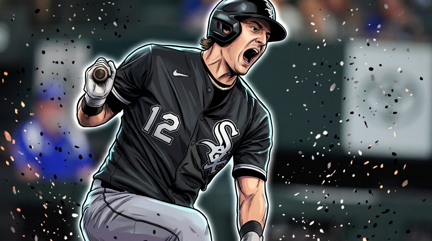 Colson Montgomery in Chicago White Sox uniform celebrating a home run, rendered in comic book style with a particle field / floating embers effect