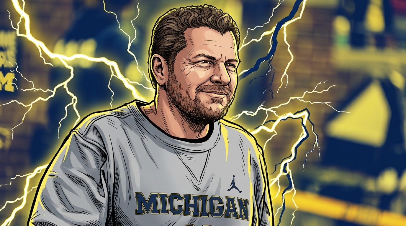 Comic-style illustration of Michigan offensive coordinator Jason Beck in a gray Michigan crewneck sweatshirt, navy and maize storm/lightning effect over a blurred outdoor background