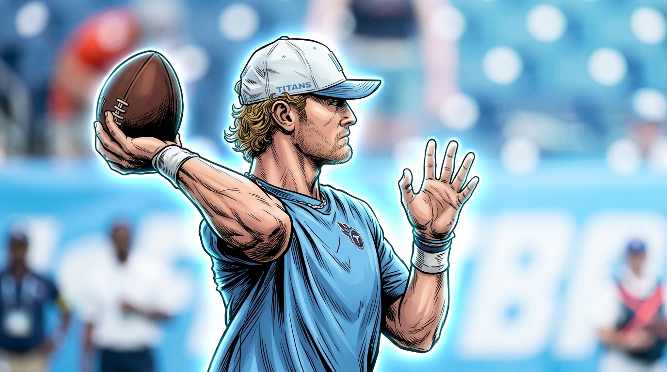 Comic-style illustration of Will Levis in a light blue Tennessee Titans practice shirt and cap, throwing a football with a cool blue neon rim glow against a blurred stadium background.