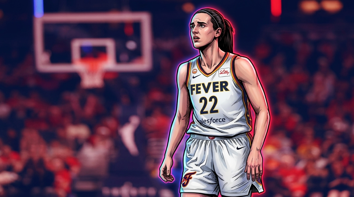 Comic-style illustration of a WNBA guard in a white Indiana Fever jersey with pink and blue neon rim-light glow, standing on the court against a blurred arena crowd background