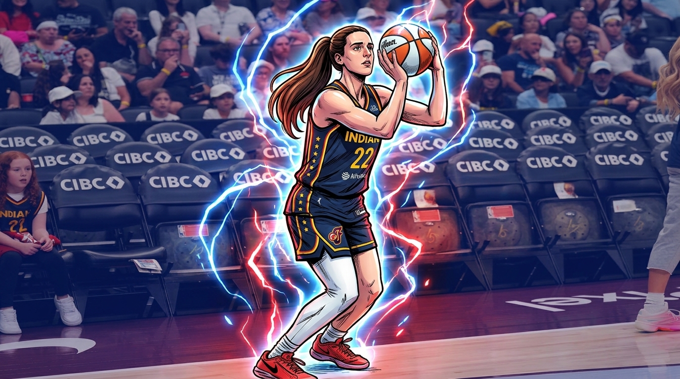 Comic-style illustration of Caitlin Clark in a navy Indiana Fever No. 22 jersey catching a pass and squaring to shoot, ringed in blue-and-red electric energy with a packed arena crowd behind her