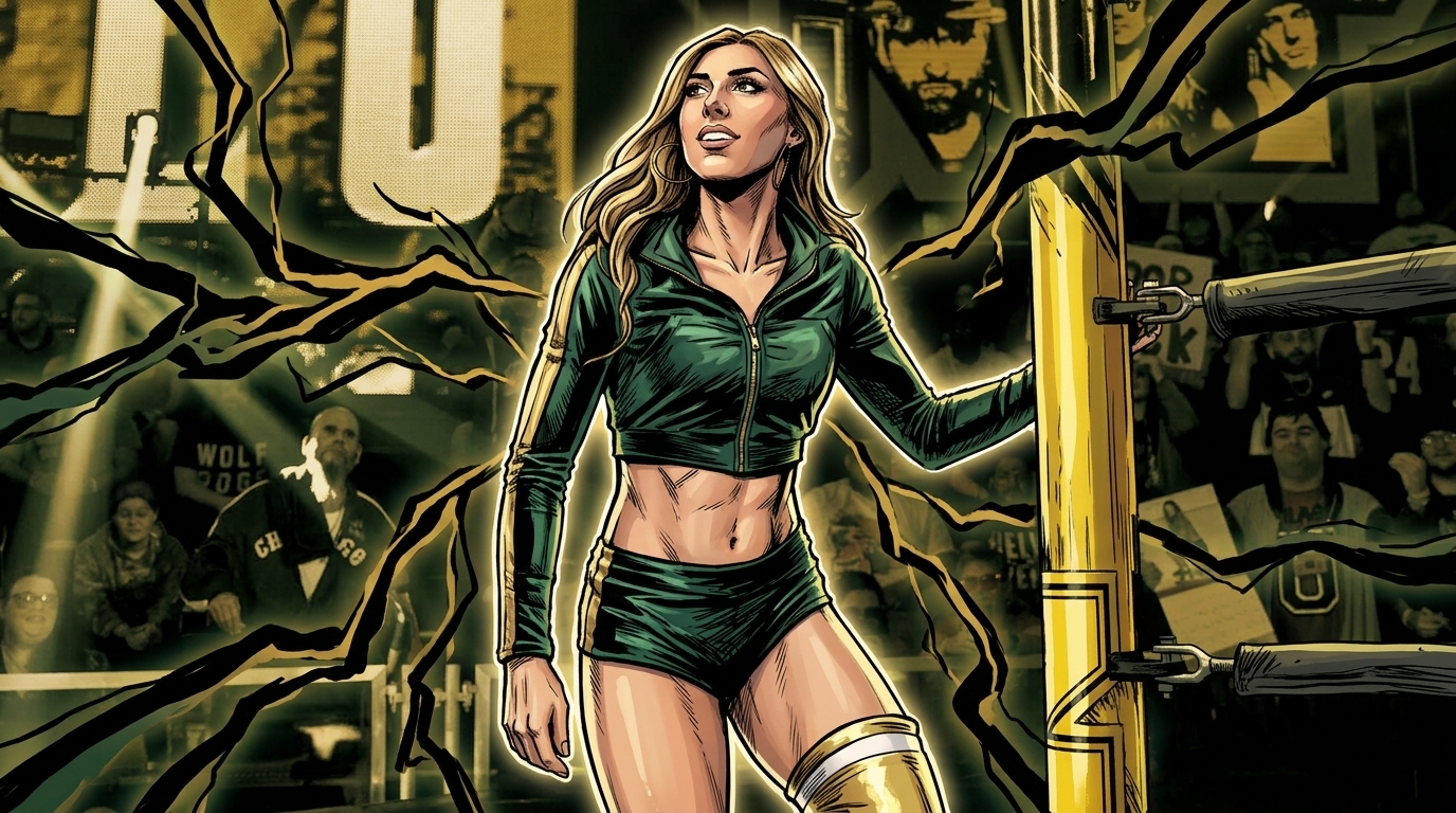Comic-book illustration of WWE NXT wrestler Adriana Rizzo in dark green and gold ring gear walking to the ring at an NXT arena, with an electric energy effect over the crowd background