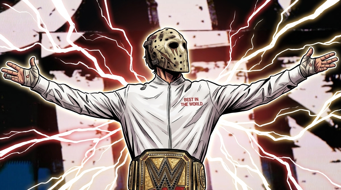 Comic-style illustration of CM Punk in WWE ring gear, arms spread, with a red and white electric-energy lightning effect