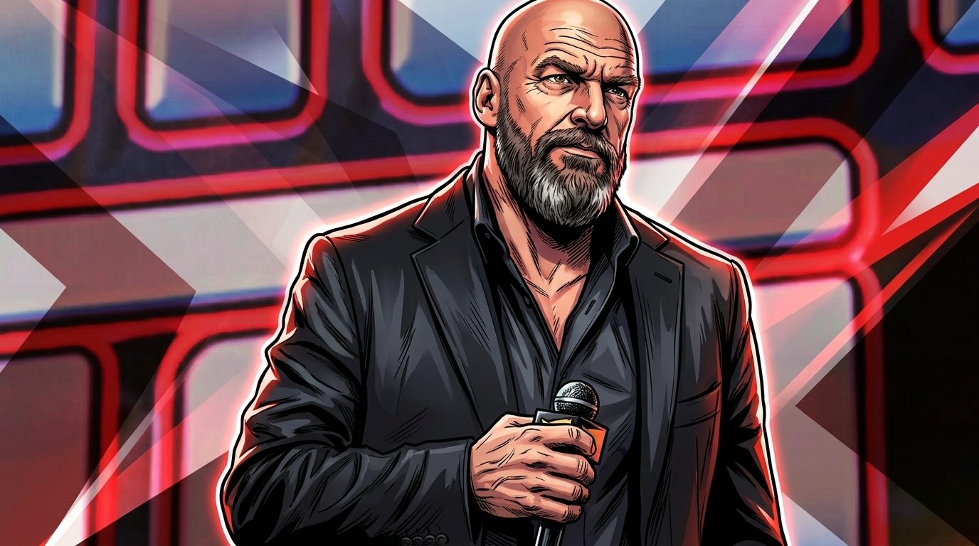 Comic-style illustration of Triple H in a black suit holding a microphone, red and white geometric light-streak effect over a WWE stage backdrop