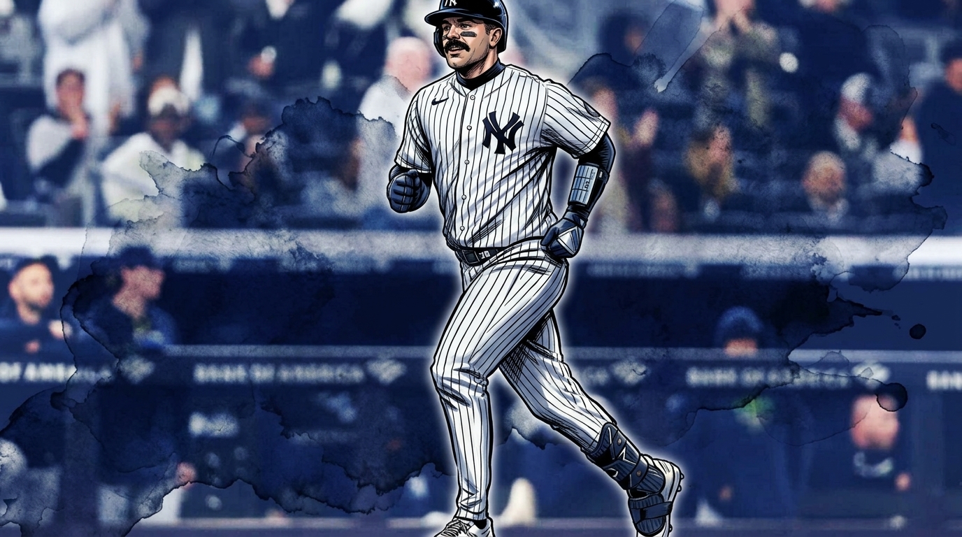 Comic-style ink-wash illustration of Austin Wells in a white New York Yankees home pinstripe jersey with navy NY logo and No. 28, running the bases after a home run, dark blue watercolor-bleed effect over a blurred Yankee Stadium crowd background