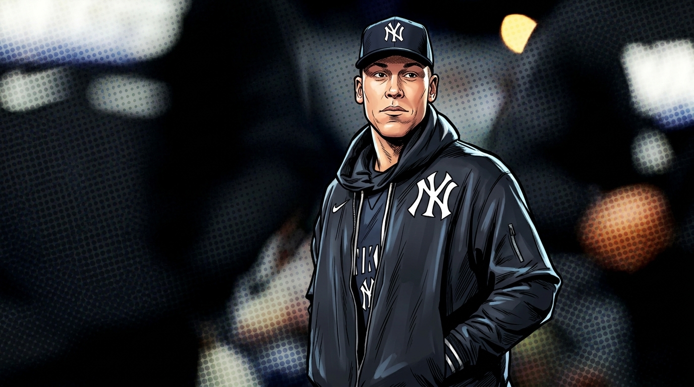 Comic-style illustration of Aaron Judge in a black Nike Yankees hoodie and navy cap, standing in a dugout tunnel with a halftone dot effect over blurred stadium lights.