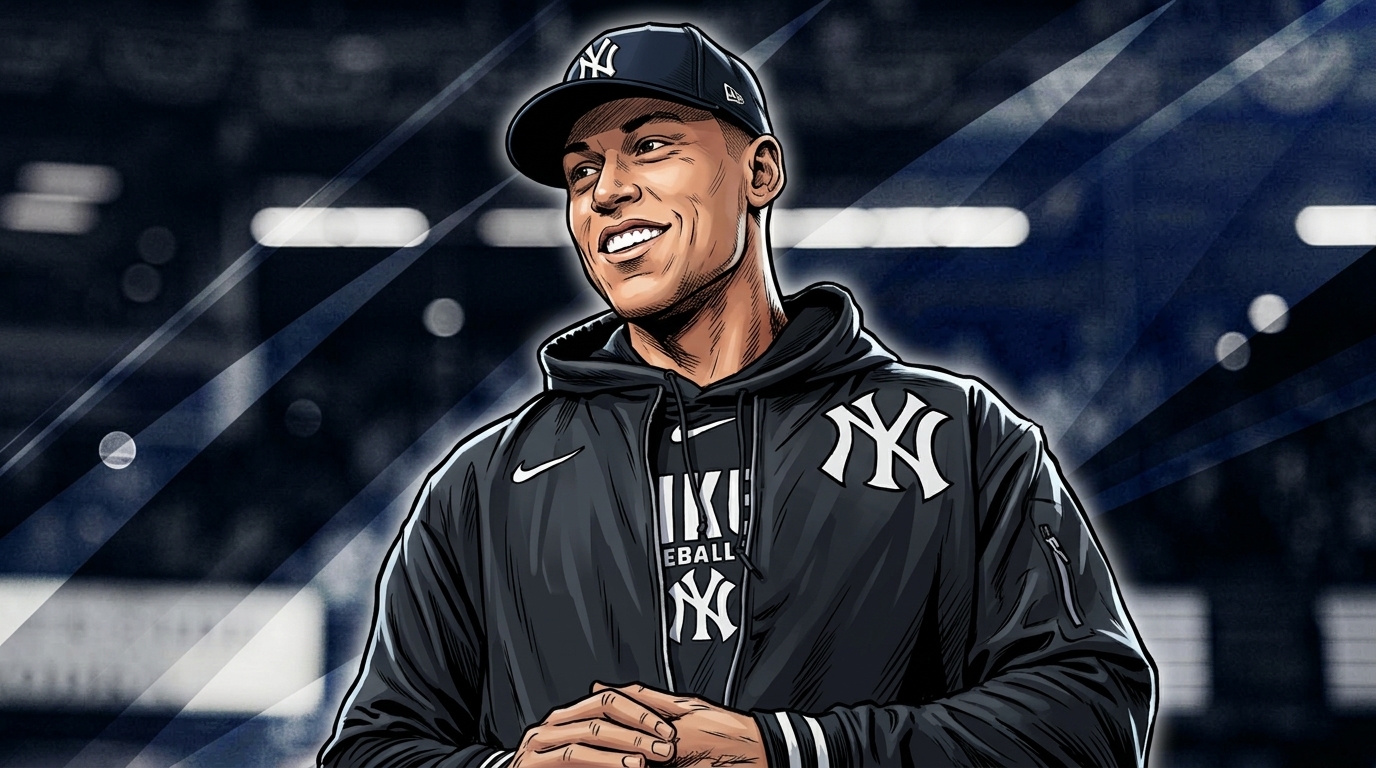 Comic-style illustration of Aaron Judge in a black New York Yankees hoodie with white NY logo, geometric light streak effect over a navy stadium background
