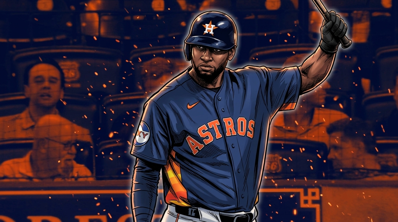 Comic-style illustration of Yordan Alvarez of the Houston Astros in a navy alternate jersey, gripping a bat with a raised gloved hand, orange particle-field and ember effect over a stadium seating background