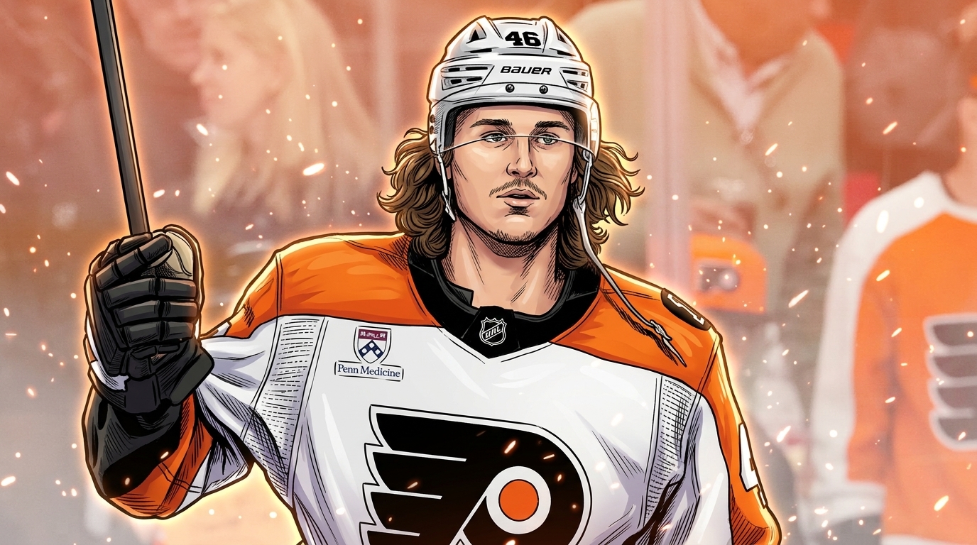 Comic-style illustration of Philadelphia Flyers forward Trevor Zegras in his road jersey