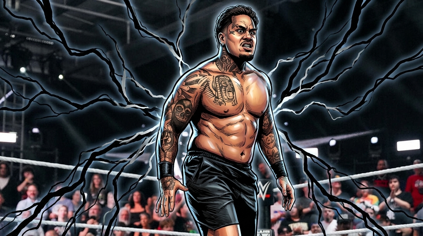 Comic-style illustration of Zilla Fatu in the NXT ring, black wrestling trunks, electric energy lightning effect over a blurred arena crowd background