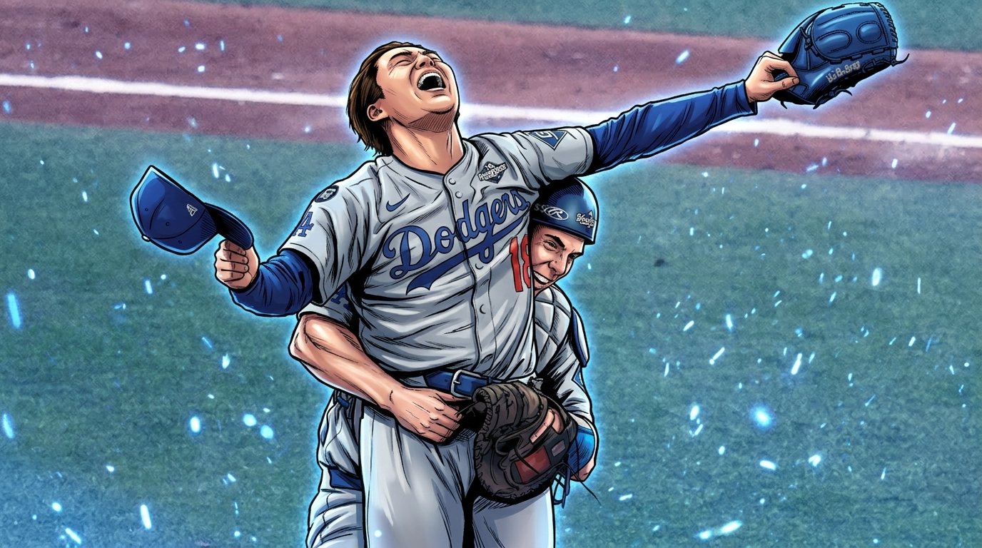 Illustration of Dodgers pitcher Yoshinobu Yamamoto celebrating the 2025 World Series title as his catcher lifts him