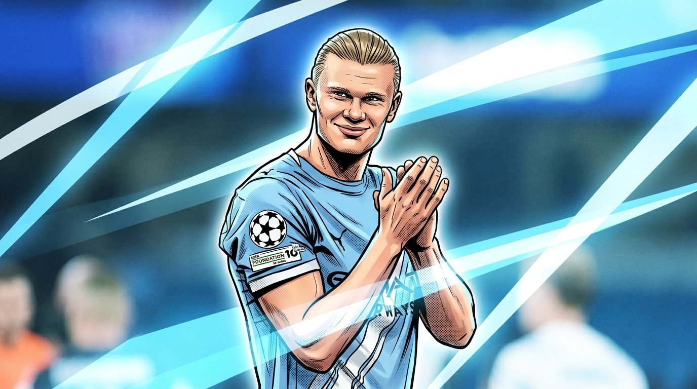 Illustration of Erling Haaland applauding fans in a sky blue Manchester City shirt