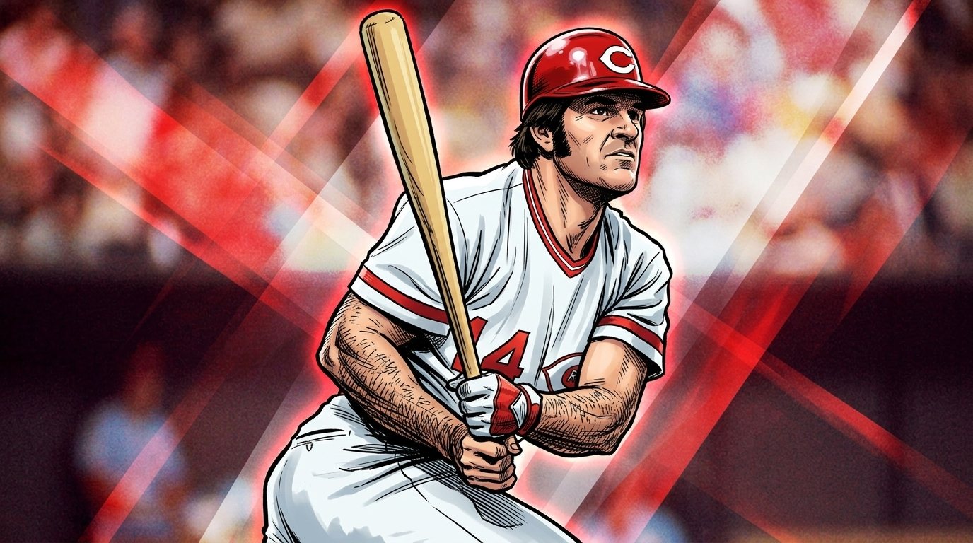 Illustration of Pete Rose swinging a bat in a 1970s Cincinnati Reds uniform