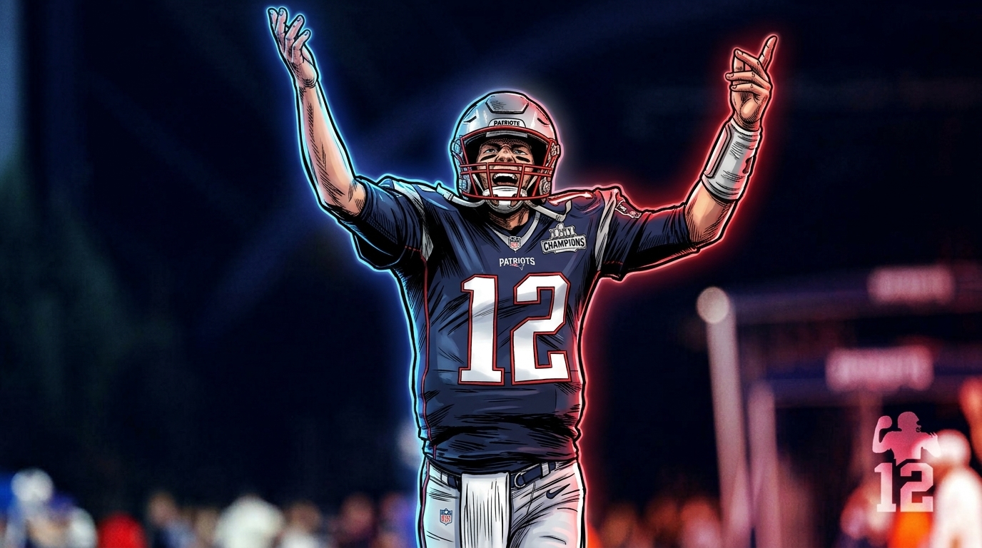 Tom Brady in a navy New England Patriots number 12 jersey celebrating in comic style — Swipe Sports