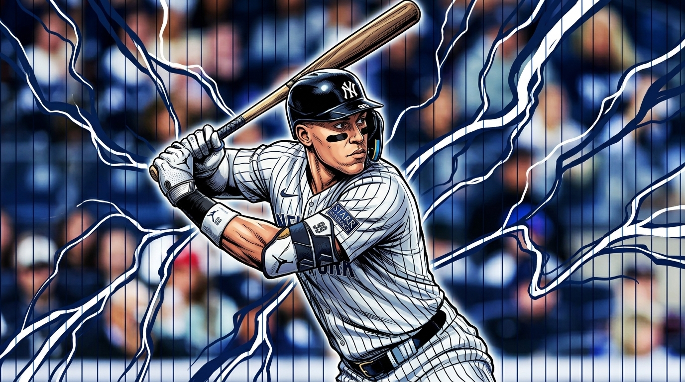Aaron Judge batting in a New York Yankees pinstripe uniform, comic style — Swipe Sports