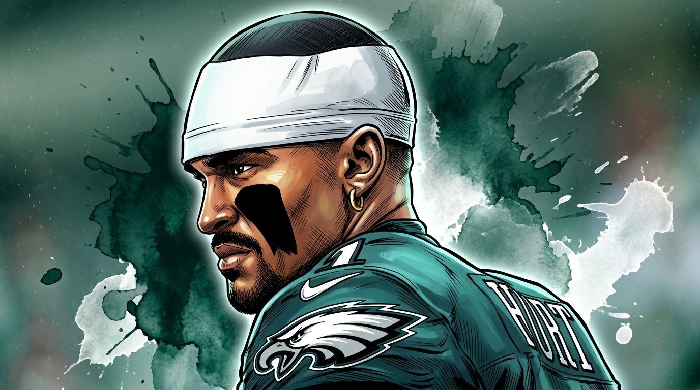 Comic-style ink wash illustration of Jalen Hurts in a Philadelphia Eagles jersey and white headband